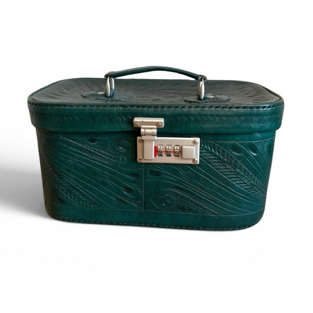 Vintage Hand Tooled Leather Train Case Teal Green Western Vanity Makeup Box